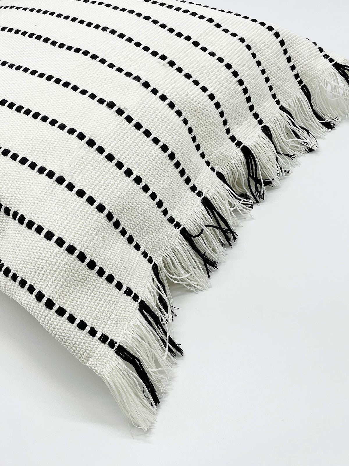 Fennco Styles Stitch Line Woven Fringe Cotton Decorative Throw Pillow 20" W x 20" L - White Cushion for Couch, Bedroom, Living Room and Office Décor