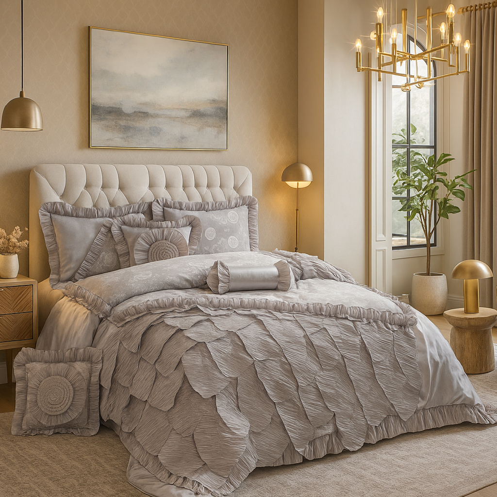 Tache Satin Ruffle Floral Lace Silver Rose Petals Comforter Set (HYZ102)