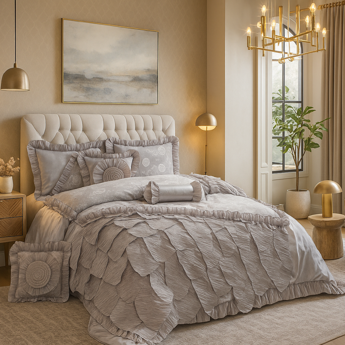 Tache Satin Ruffle Floral Lace Silver Rose Petals Comforter Set (HYZ102)