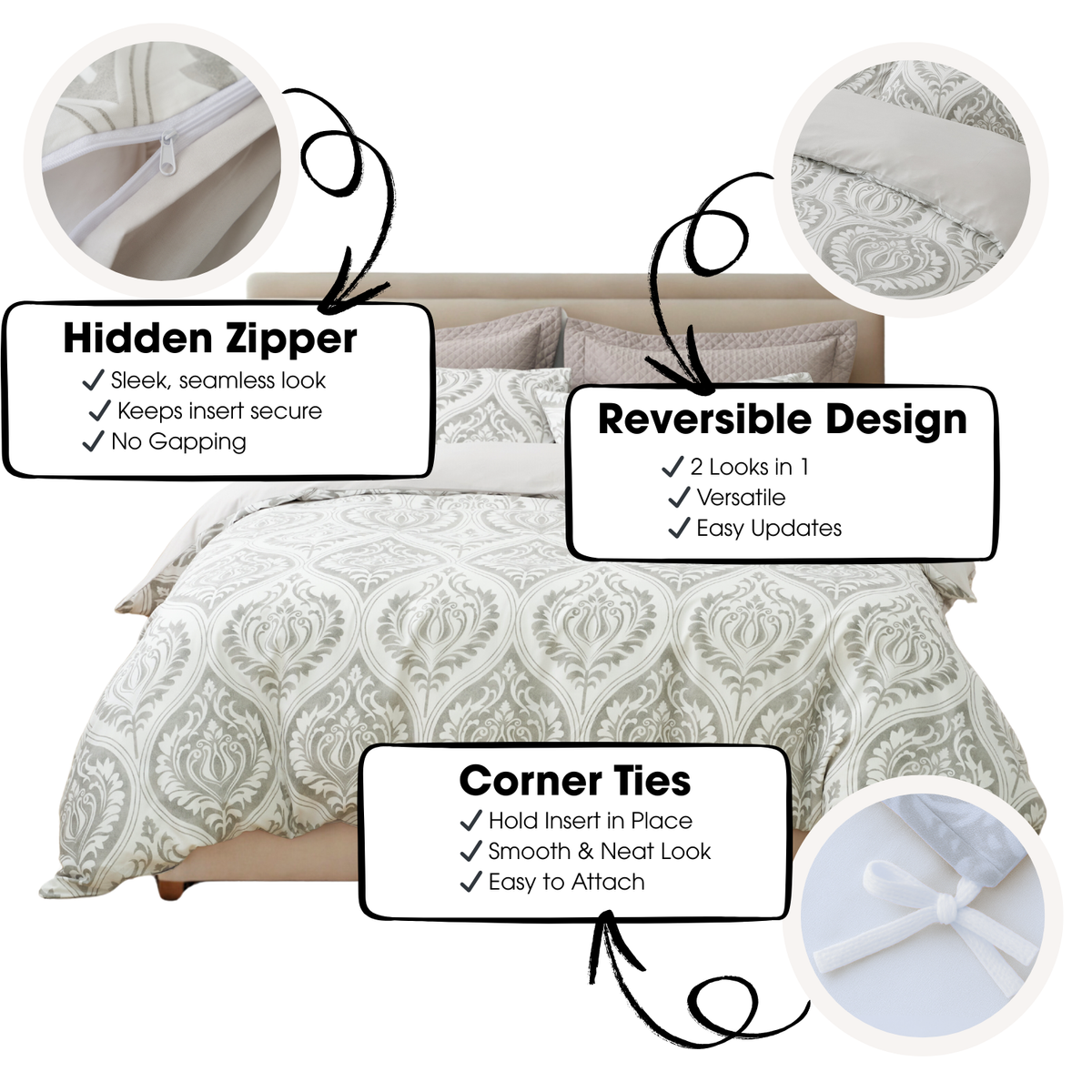 Tache Dreamy Moon Sky Ogee Damask Heather Gray White Duvet Cover (TB300)