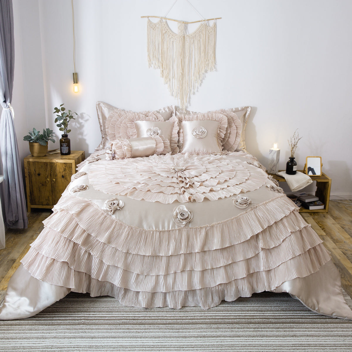 Tache Satin Ruffle Luxury Floral Champagne Beige Frosted Field Comforter Set (MZ1051)