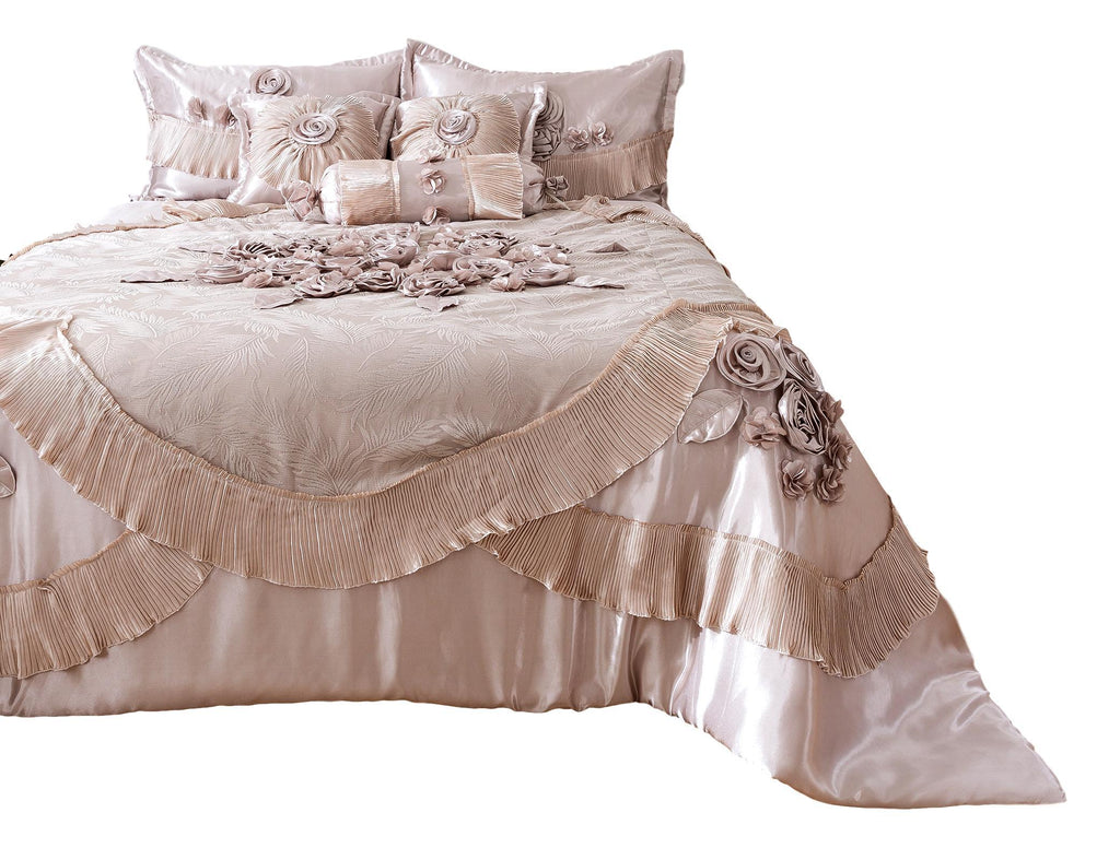 Tache Satin Floral Lace Ruffle Crème Beige Sweet Victorian Luxurious Comforter Set (MZ002C)