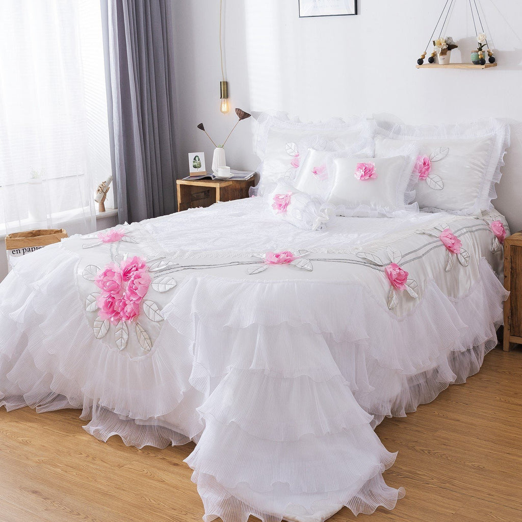 Tache Ruffle Floral Lace Satin White Pink Luxury Delicate Rose Comforter Set (MA125)