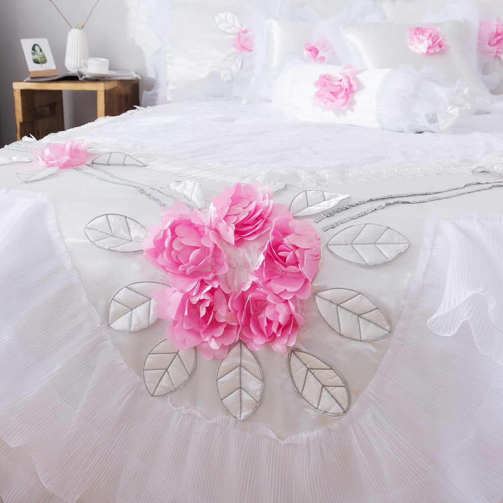 Tache Ruffle Floral Lace Satin White Pink Luxury Delicate Rose Comforter Set (MA125)