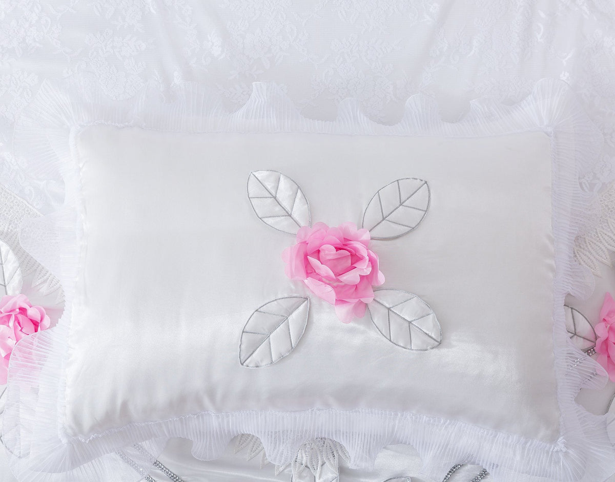 Tache Ruffle Floral Lace Satin White Pink Luxury Delicate Rose Comforter Set (MA125)