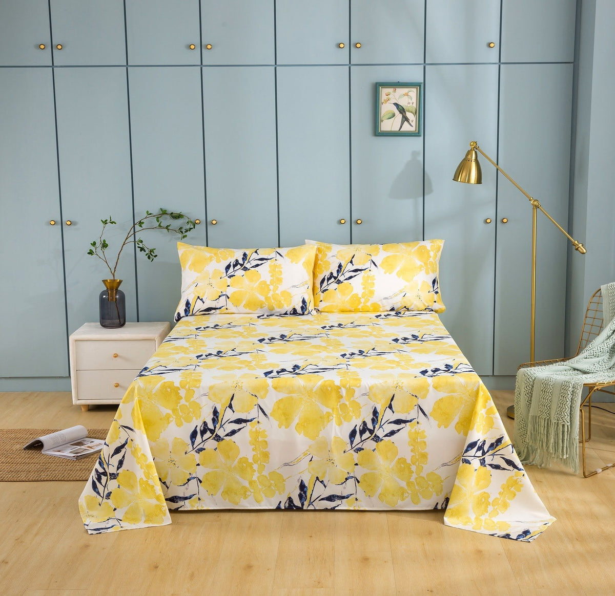 Tache Microfiber Watercolor Tropical Floral Yellow Blue Fitted Sheet / Flat Sheet (JHW-841)