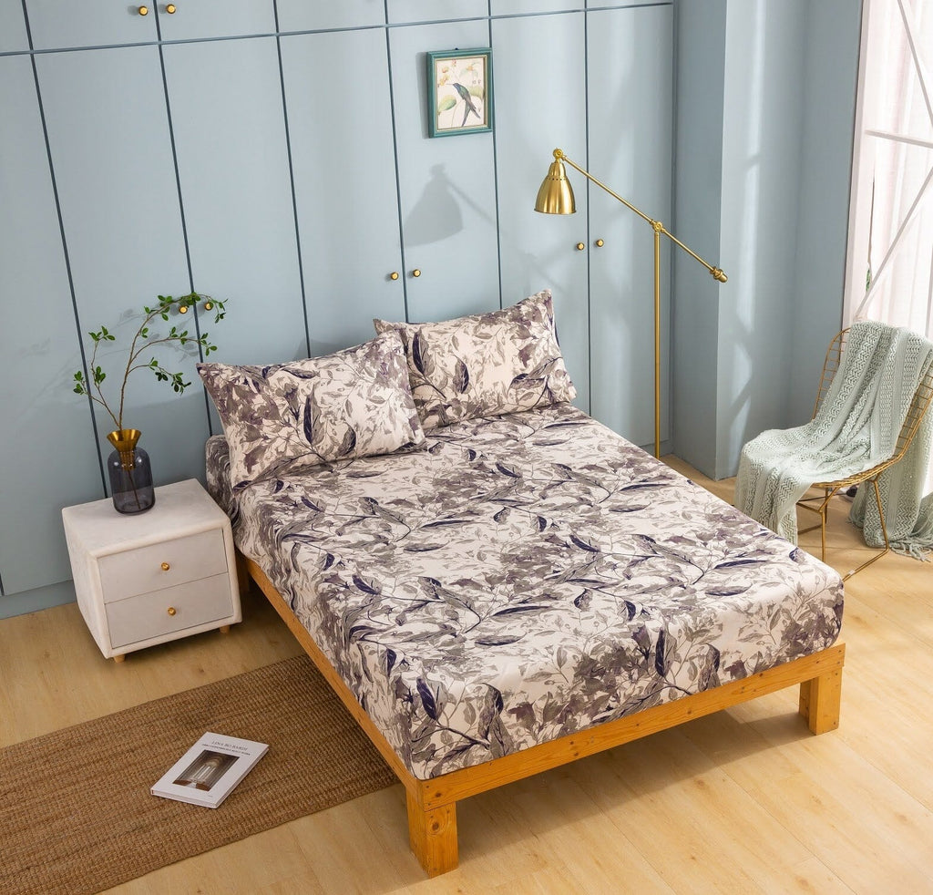 Tache Microfiber Abstract Wispy Leaf Taupe Grey Fitted Sheet / Flat Sheet (JHW-843)