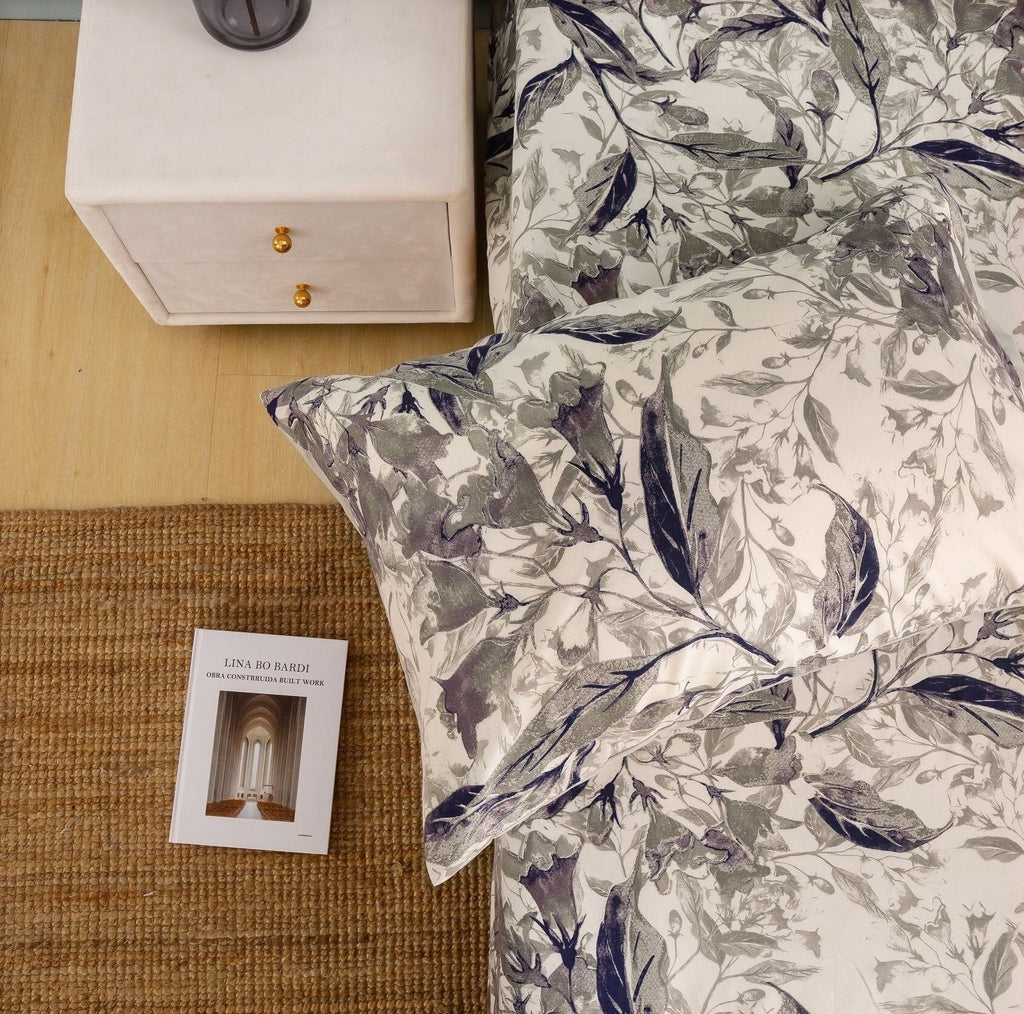 Tache Microfiber Abstract Wispy Leaf Taupe Grey Fitted Sheet / Flat Sheet (JHW-843)