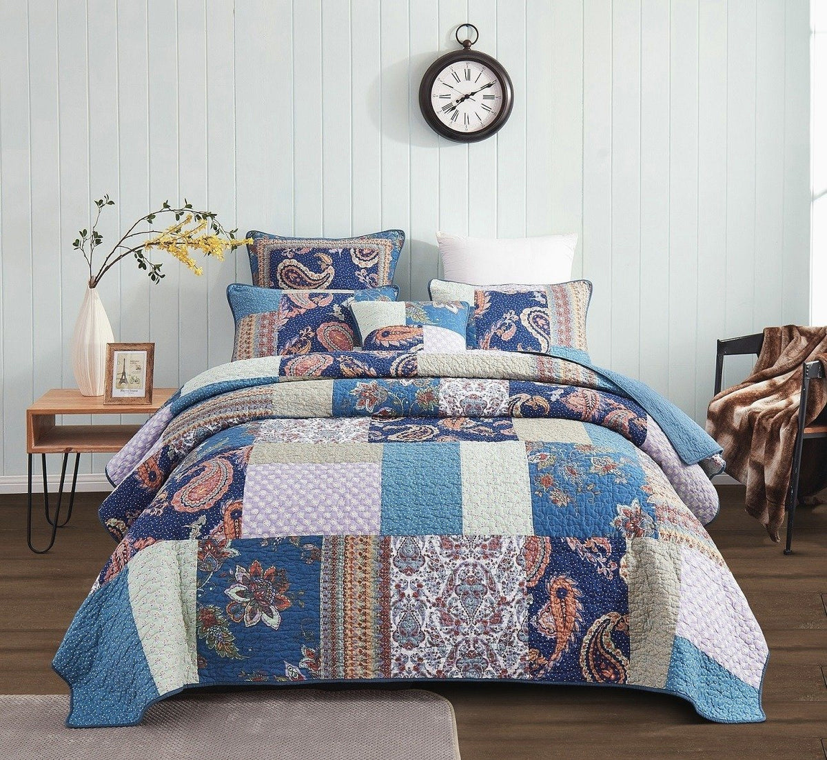 Tache Bohemian Night Flower Paisley Floral Navy Blue Pastel Cotton Patchwork Quilt Set (JHW-882)