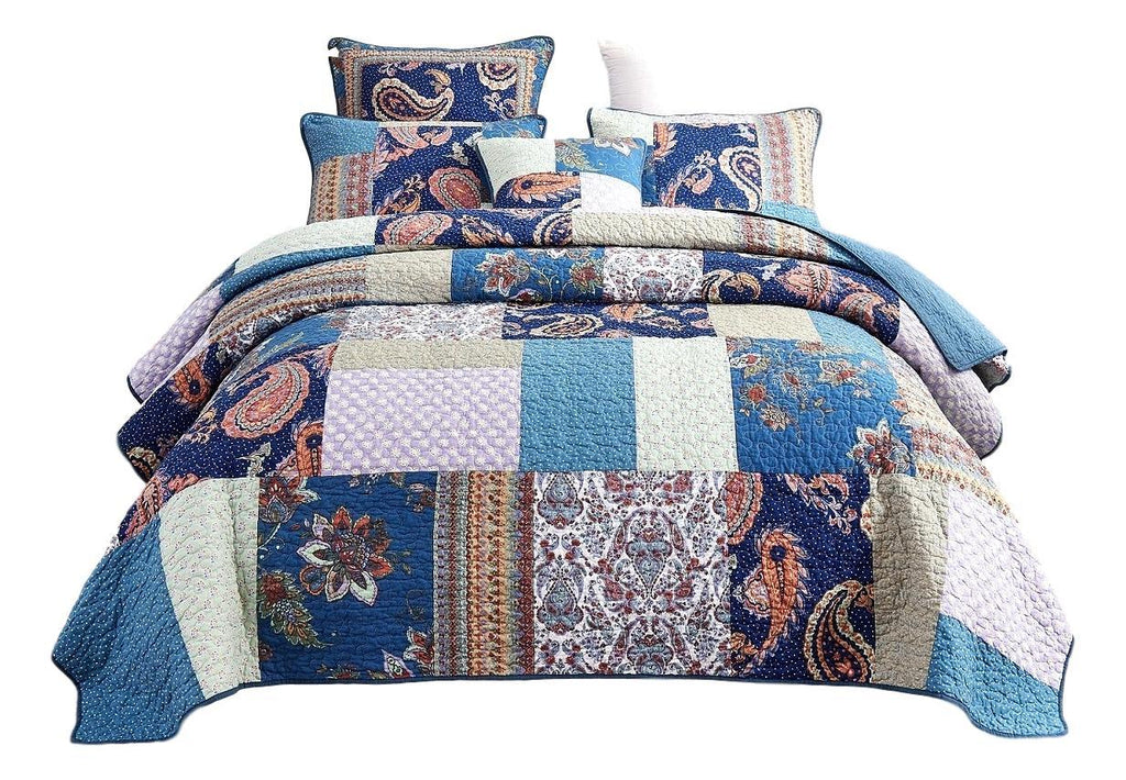 Tache Bohemian Night Flower Paisley Floral Navy Blue Pastel Cotton Patchwork Quilt Set (JHW-882)