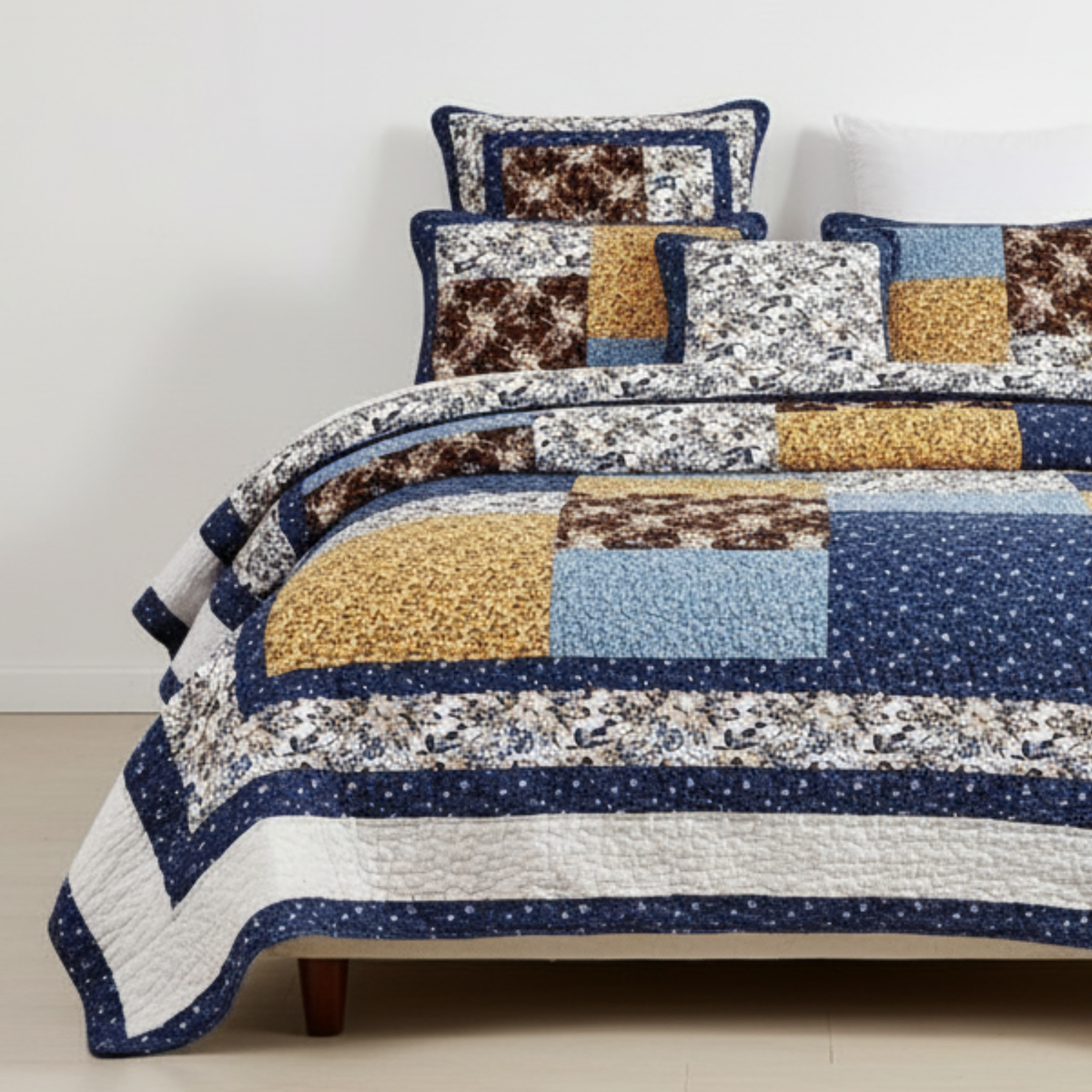 Tache Prairie Sunset White Blue Yellow Brown Floral Cotton Patchwork Quilt Set (JHW-887)