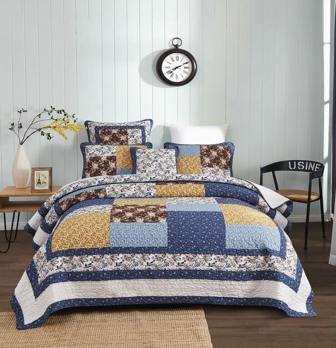 Tache Prairie Sunset White Blue Yellow Brown Floral Cotton Patchwork Quilt Set (JHW-887)