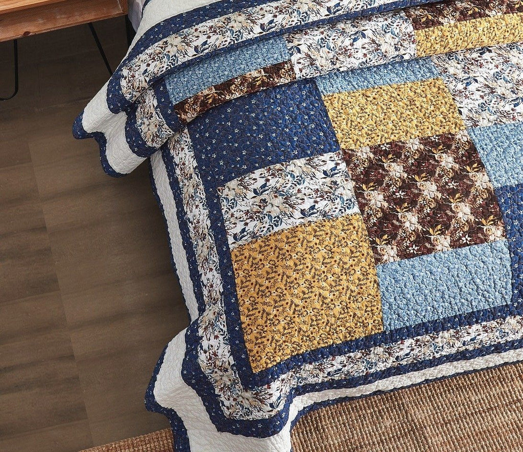 Tache Prairie Sunset White Blue Yellow Brown Floral Cotton Patchwork Quilt Set (JHW-887)