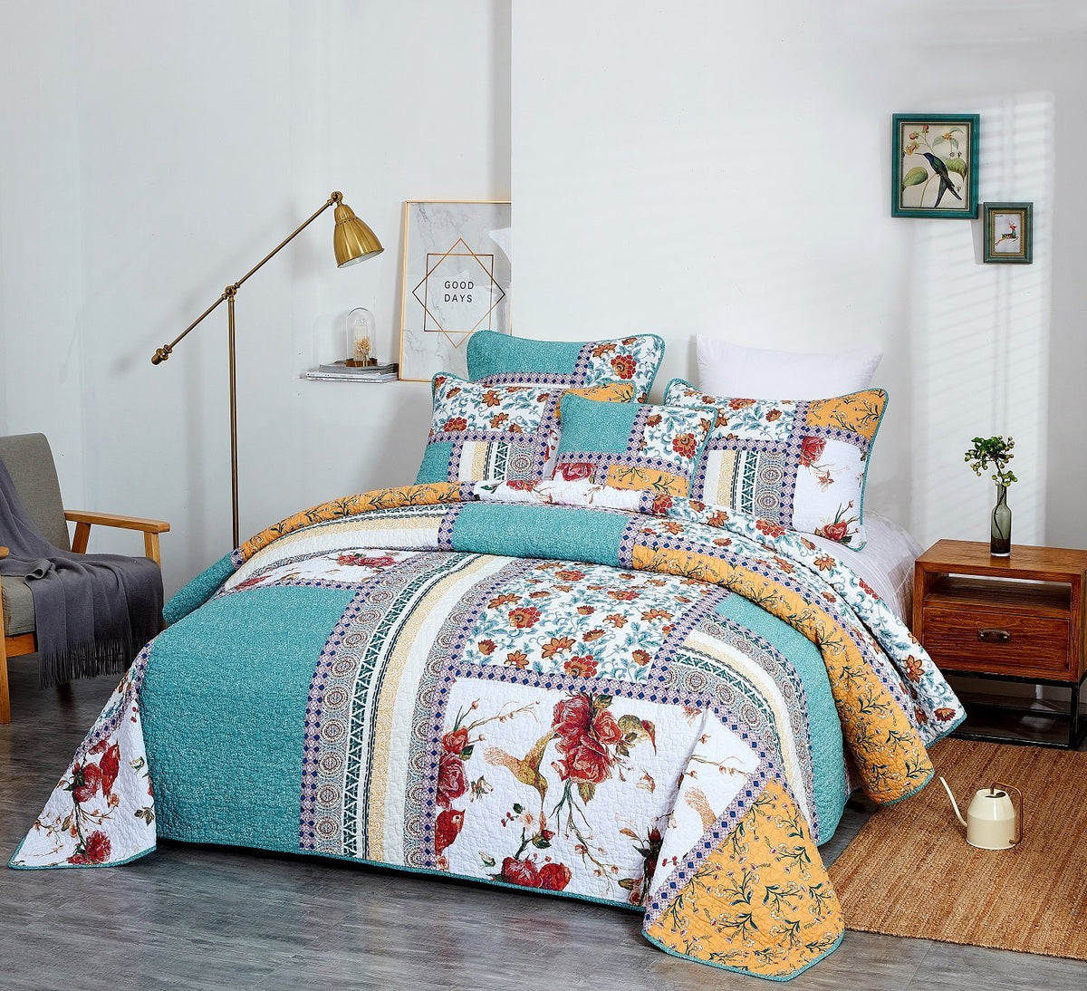 Tache Old World Garden Pastel Blue Yellow Red Hummingbirds Cotton Patchwork Quilt Set (JHW-936)