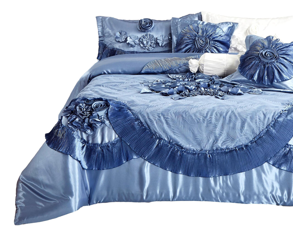 Tache Satin Floral Lace Ruffle Sweet Victorian Luxurious Blue Comforter Set (MZ002B)
