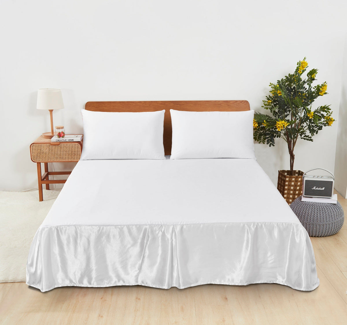 Tache Satin Bright White Lustrous Sweet Victorian Tailored Platform 14" Bed Skirt Dust Ruffle (MZ002)