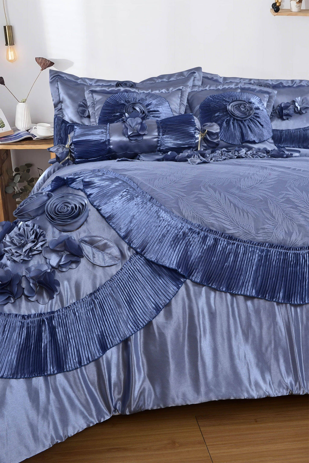 Tache Satin Floral Lace Ruffle Sweet Victorian Luxurious Blue Comforter Set (MZ002B)