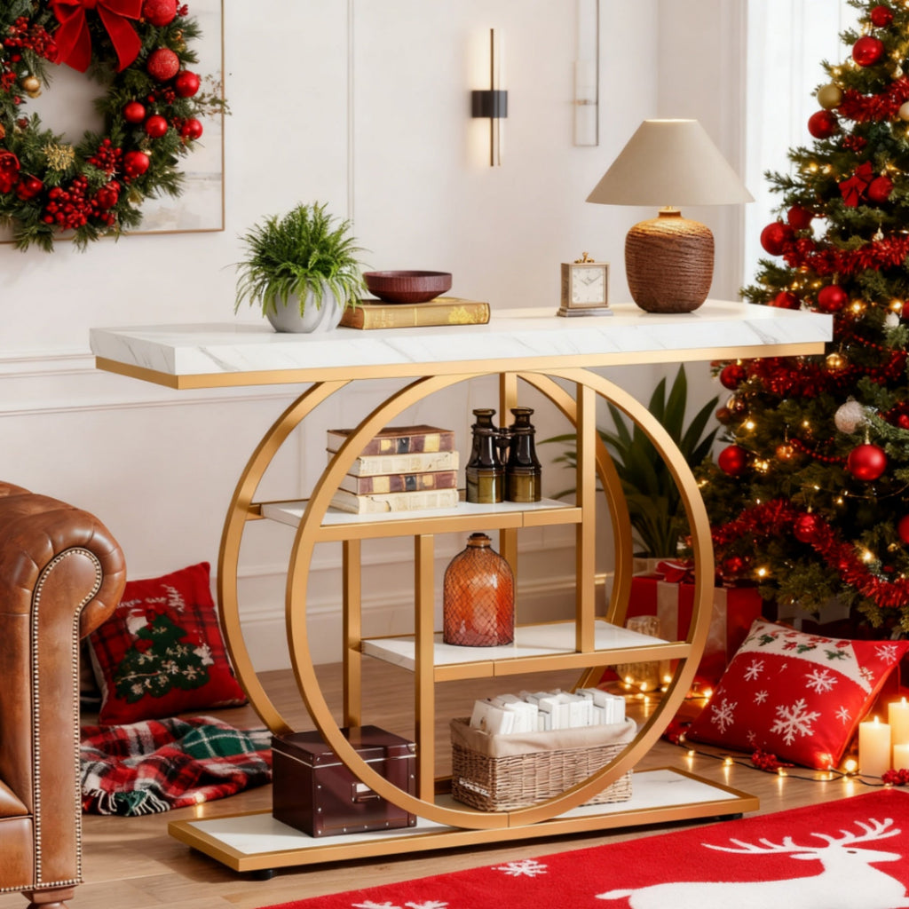 Luxury Gold Console Table with Marble Top, Modern Entryway Sofa Table