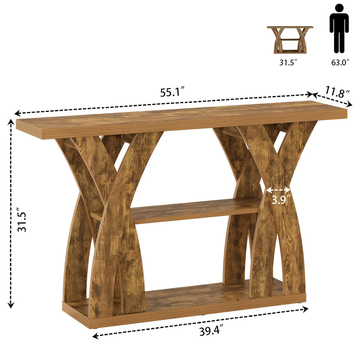 Rustic Console Table with Shelf, Entryway Sofa Table 55" Wood