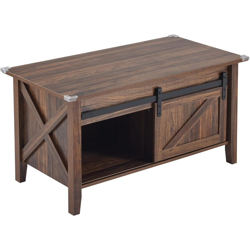 Lift Top Coffee Table 36" Farmhouse Rustic Wood Hidden Storage & Sliding Barn