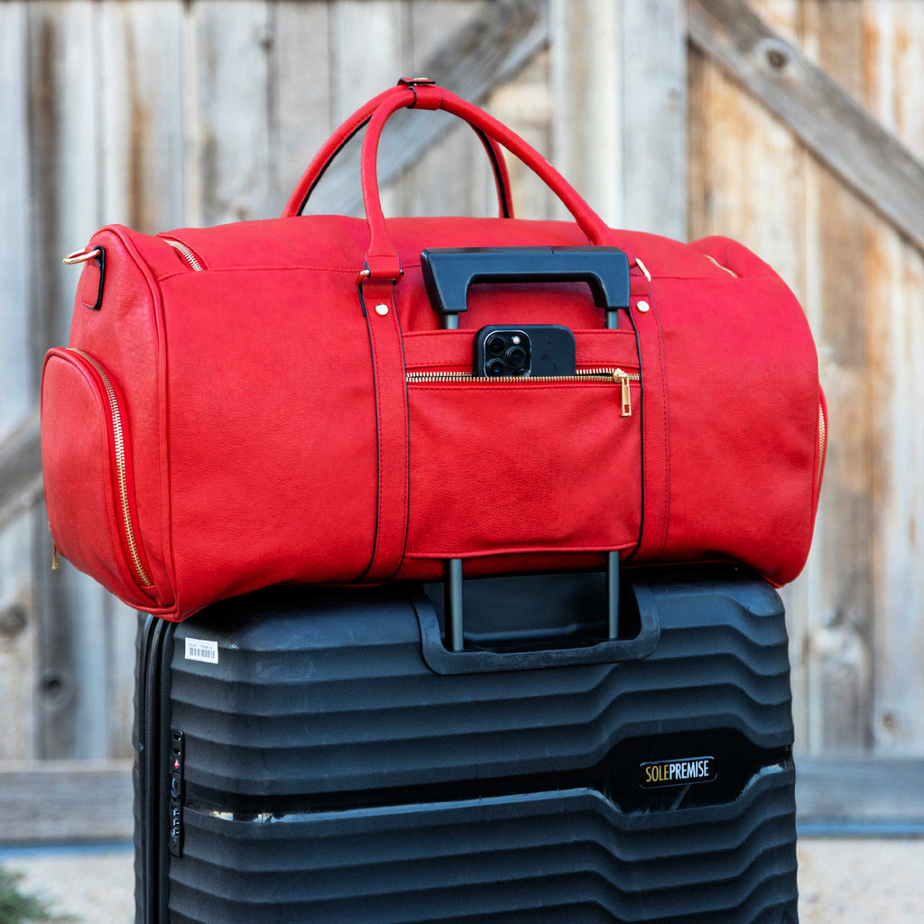 Red Tumbled Leather Weekender Duffle Bag