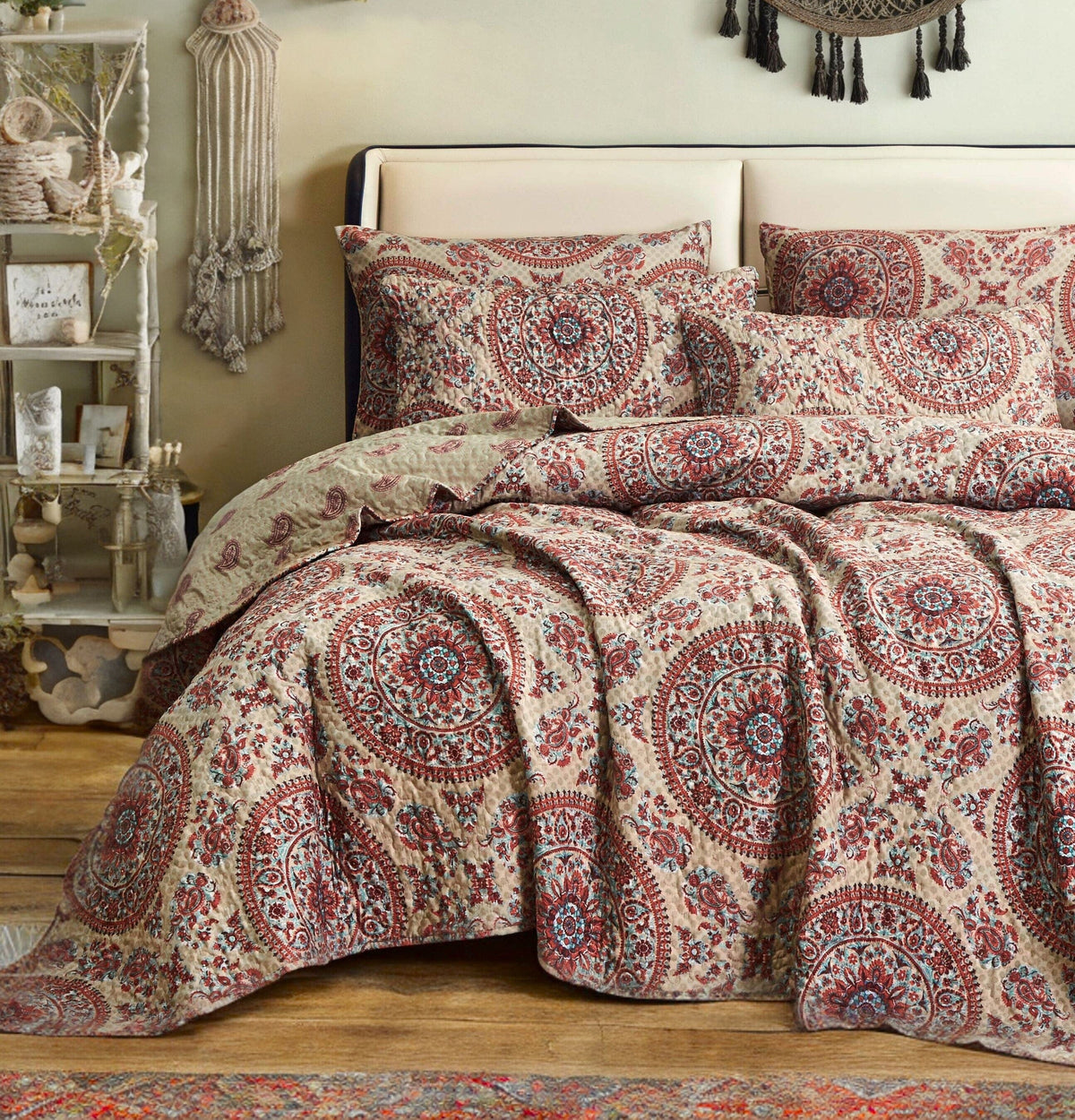 Tache Bohemian Desert Medallion Boteh Paisley Orange Blue Taupe Quilt Set (TJ3502)