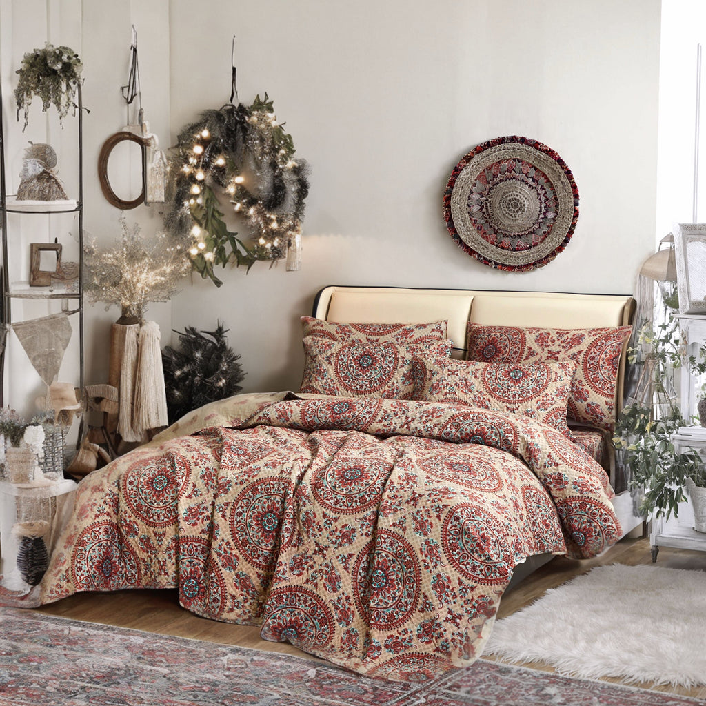 Tache Bohemian Desert Medallion Boteh Paisley Orange Blue Taupe Quilt Set (TJ3502)