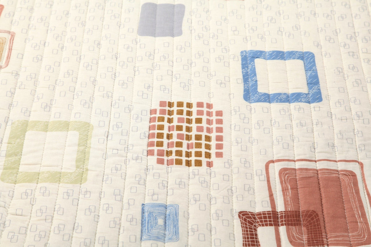 Tache Geometric Cubic Squares Ivory Scalloped Retro Cotton Quilt Bedspread Set (DSW009)