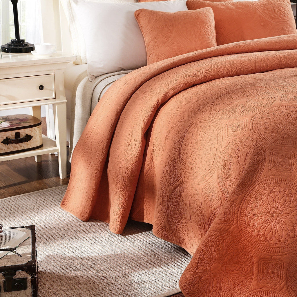 Tache Tuscany Sunrise Medallion Orange Rustic Stone Washed Cotton Quilt Set (JHW-595)