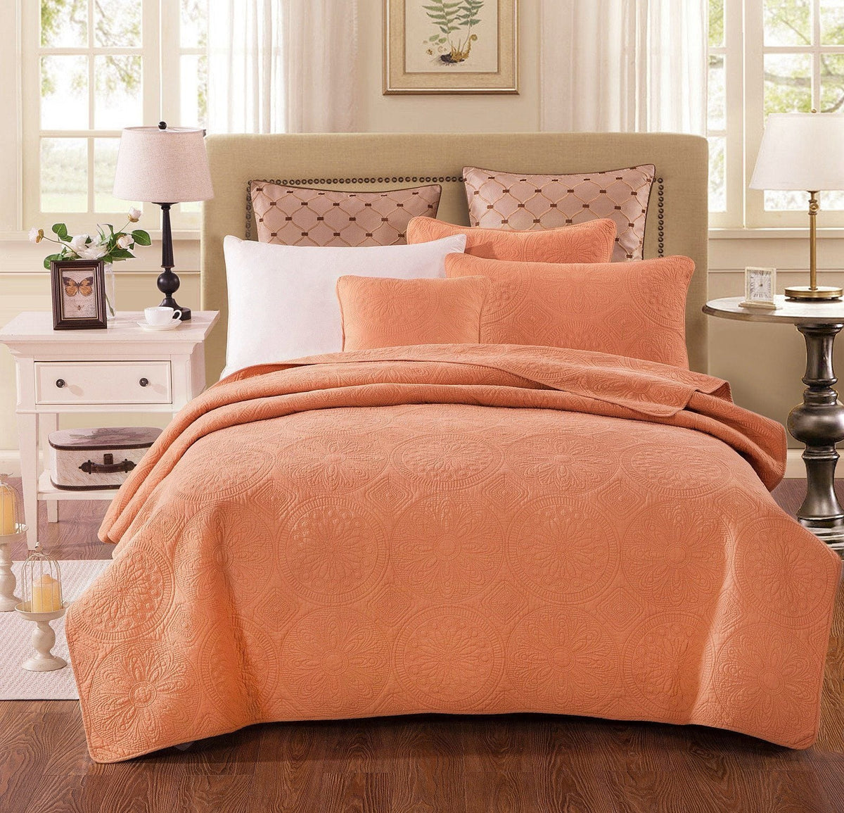 Tache Tuscany Sunrise Medallion Orange Rustic Stone Washed Cotton Quilt Set (JHW-595)