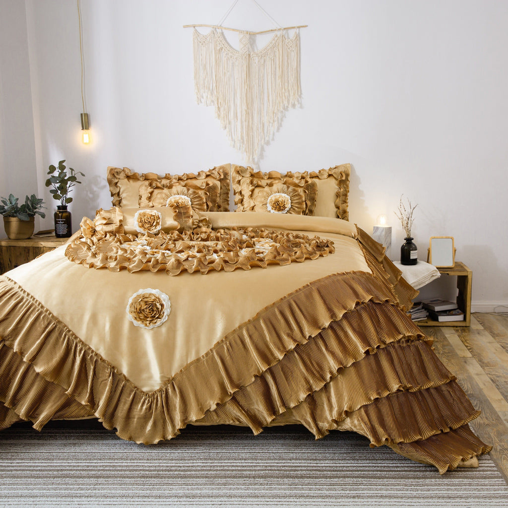 Tache Satin Ruffle Floral Gold Caramel Latte Comforter (BM4578)