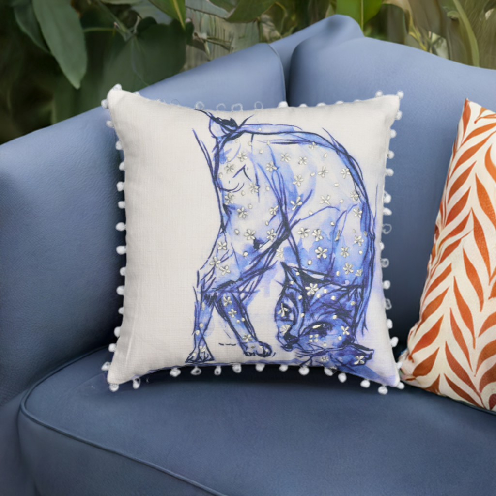 Blue Decorative Pillow with Pom-Poms Cat 18"x18"