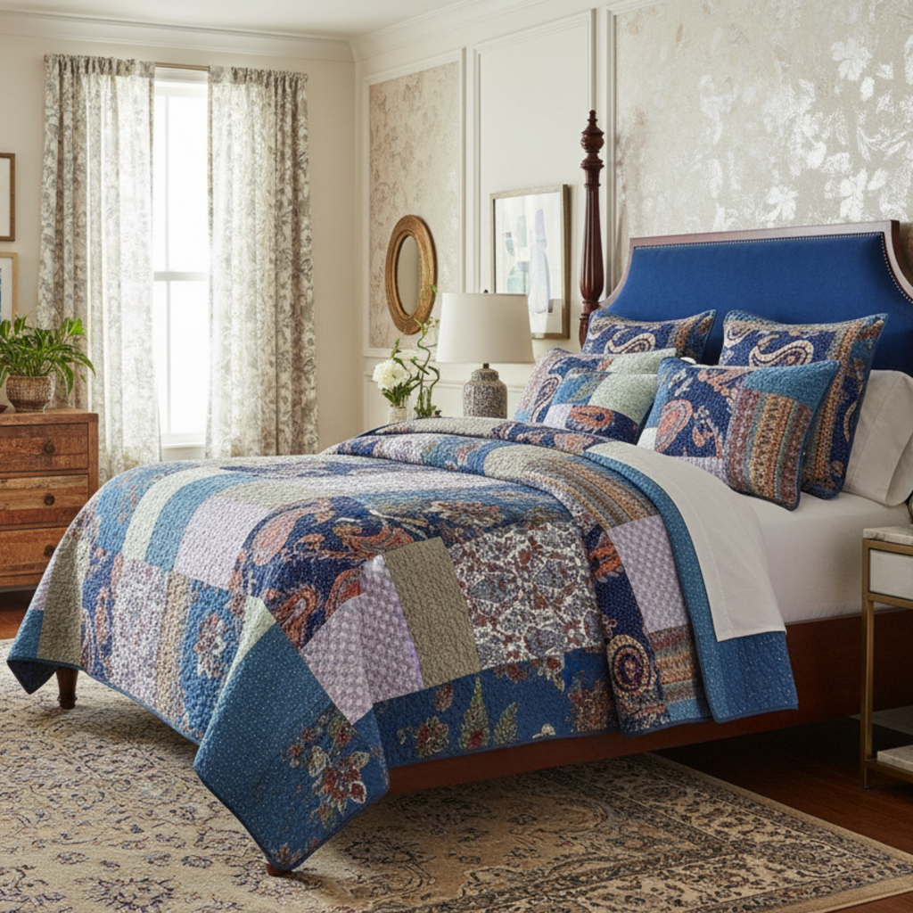 Tache Bohemian Night Flower Paisley Floral Navy Blue Pastel Cotton Patchwork Quilt Set (JHW-882)