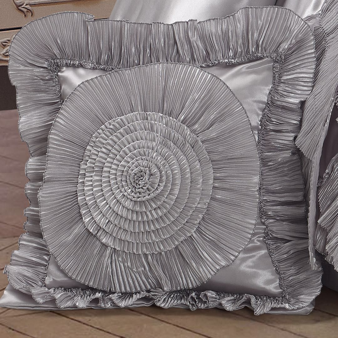 Tache Satin Ruffle Floral Lace Silver Rose Petals Comforter Set (HYZ102)
