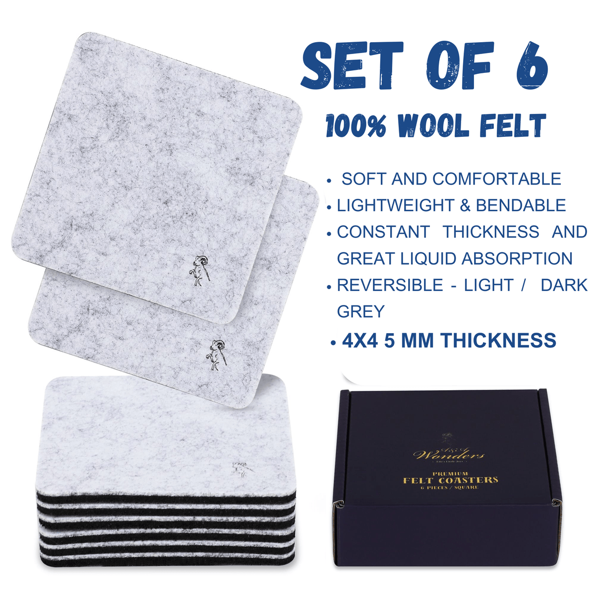 Premium Felt Coasters for Drink Set  - Two-Tone Reversible, Absorbent Felt Protects Furniture, Table, Anti Slip, Suitable for Drinks & All Table Types (square)