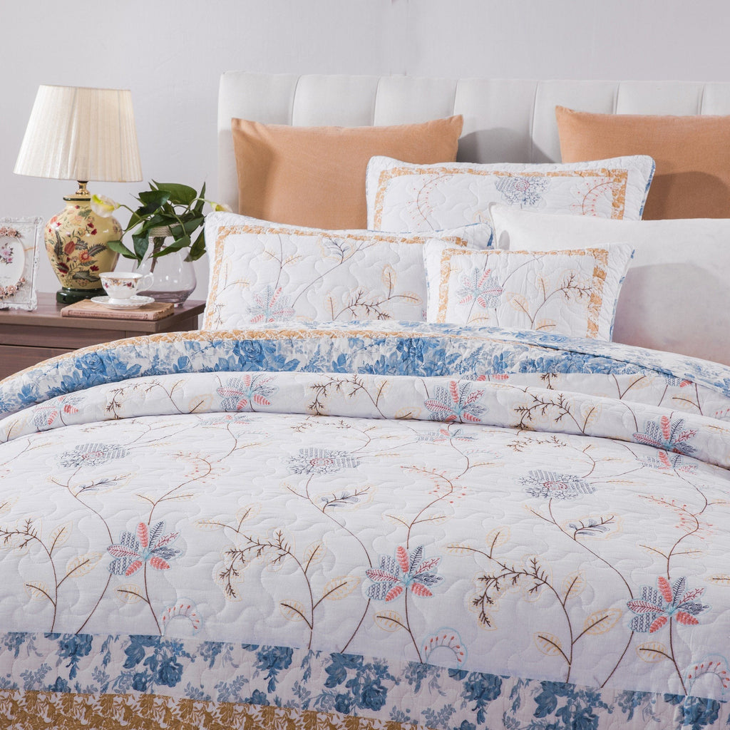 Tache Coastal Cottage Embroidered White Blue Yellow Floral Cotton Patchwork Quilt Set (JHW-668)