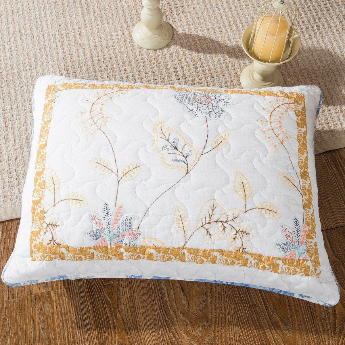 Tache Coastal Cottage Embroidered White Blue Yellow Floral Cotton Patchwork Quilt Set (JHW-668)