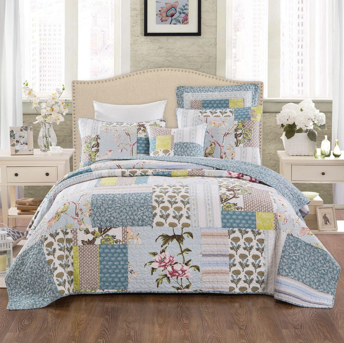 Tache 2-3 Piece Cotton Sky Breeze Pastel Blue Patchwork Quilt Set (JHW-684)